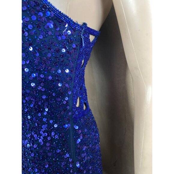1990s Scala Royal Blue Sequin One Shoulder Gown Open Back Evening Dress Sz M - Picture 12 of 16